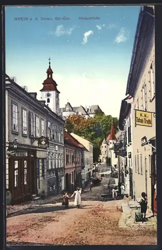 AK Grein a. d. Donau, Hauptstrasse mit K. K. Tabak-Trafik