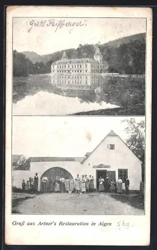 AK Hernstein /N.-Oe., Gruss aus Aigen, Artners Restauration, Villa