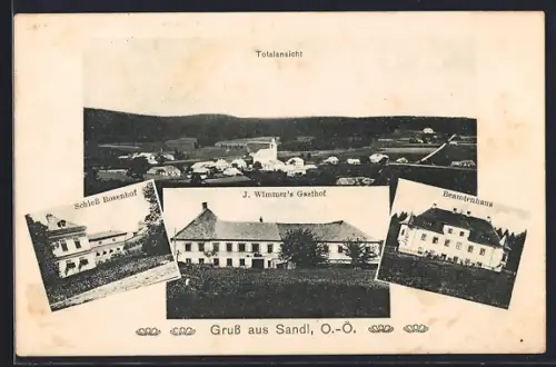 AK Sandl /O.-Ö., J. Wimmers Gasthof, Schloss Rosenhof, Beamtenhaus, Totalansicht