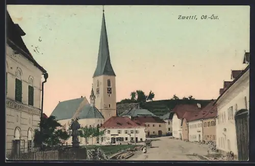 AK Zwettl /Ob.-Öst., Ortspartie mit Kirche