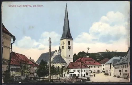 AK Zwettl /Ob.-Oest., Strassenpartie mit Kirche