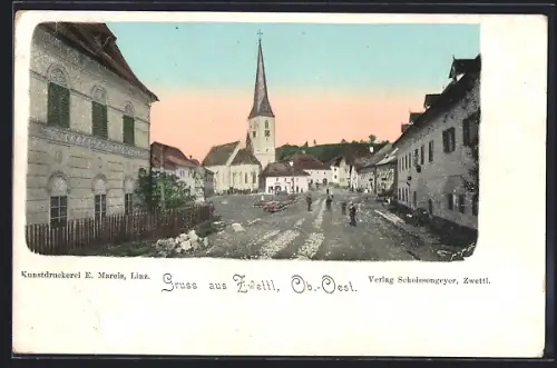 AK Zwettl /Ob.-Oest., Strassenpartie mit Kirche