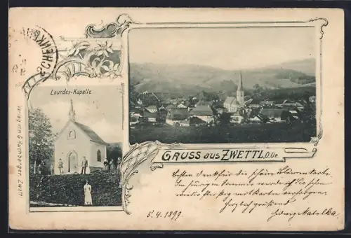 AK Zwettl /O.-Oe., Lourdes-Kapelle, Ortsansicht, Passepartout mit Edelweiss