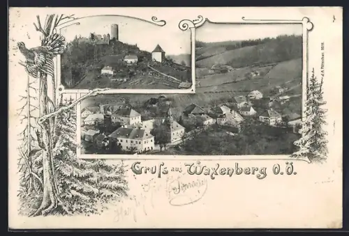 AK Waxenberg /O. Ö., Ortsansicht mit Burgruine