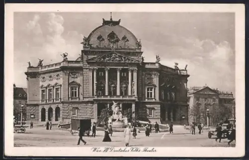 AK Wien VI, Deutsches Volkstheater, Denkmal auf dem Vorplatz