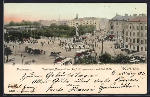 AK Wien, Praterstern mit Tegetthoff-Monument und Strassenbahn