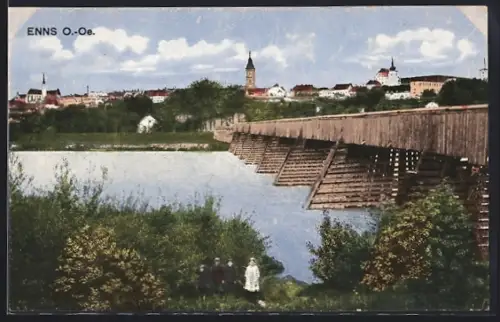 AK Enns, Ortsansicht mit Holzbrücke