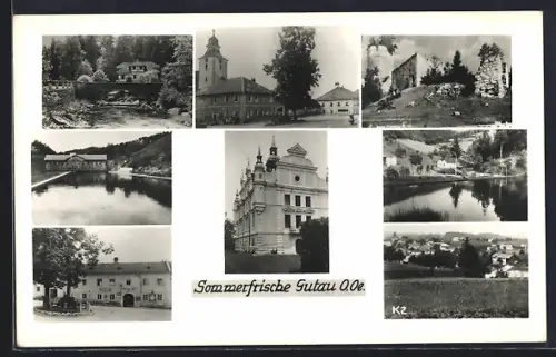 AK Gutau /O.-Ö., Gasthaus Pils, Kirche, Flusspartie mit Brücke