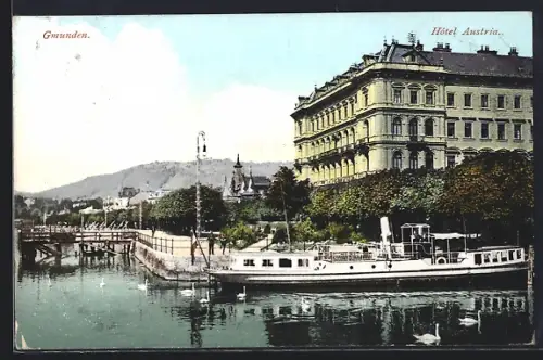AK Gmunden, Hotel Austria, Dampfer vor Anker liegend
