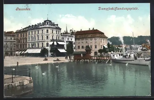 AK Gmunden, Salzkammergut, Dampfschifflandungsplatz mit Hotel