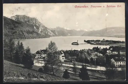 AK Gmunden, Traunsee und Schloss Ort