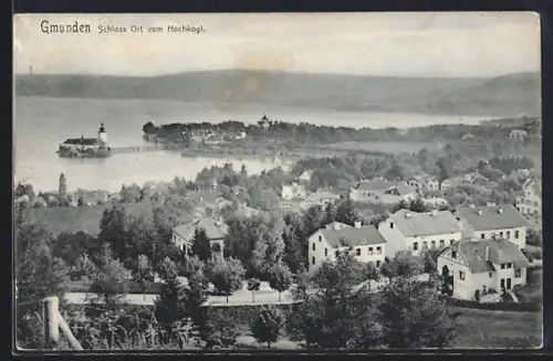 AK Gmunden, Blick vom Hochkogl auf Schloss Ort