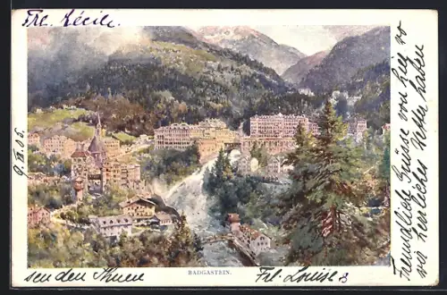 Künstler-AK Badgastein, Ortsansicht aus der Vogelschau