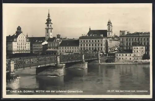 AK Linz a. d. Donau, Kirche mit Brücke von der Urfahrer Donaulände aus