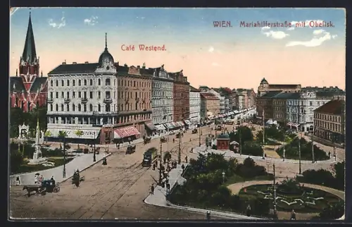 AK Wien, Mariahilferstrasse mit Obelisk, Café Westend, Strassenbahn