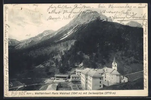 AK Maria Waldrast, Ortsansicht mit Serlesspitze