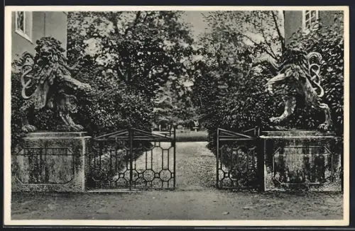 AK Gmünd i. K., Eingang zum Schloss mit zwei steinernen Löwen