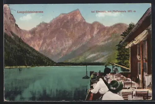 AK Eisenerz, Blick über den Leopoldsteinersee mit Gasthaus und Pfaffenstein