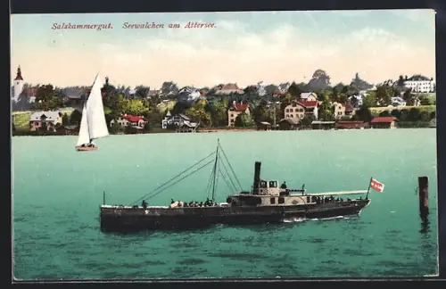 AK Seewalchen am Attersee, Teilansicht, Dampfer