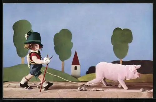 AK Junge geht mit einem Schwein spazieren, Käthe Kruse-Puppe