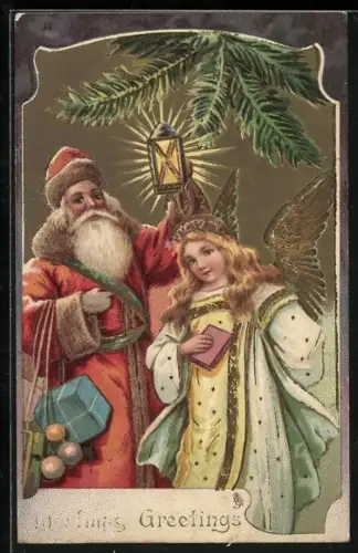 Künstler-AK Weihnachtsmann und Weihnachtsengel mit Geschenken, Christmas Greetings
