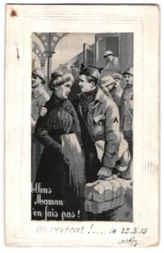 Seiden-AK Soldat verabschiedet sich von seiner Mutter Allons Maman, j`en fais pas