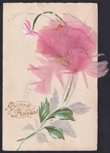 Echtfeder-AK Blume aus rosafarbenen Federn, Bonne Année