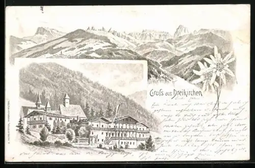 Künstler-AK Dreikirchen, Ortspartie, Panorama