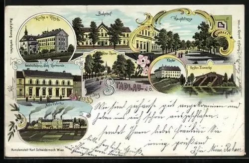 Lithographie Wien-Stadlau, Geschäftshaus Joh. Rormuna, Malz-Fabrik, Oesterr. Eiswerke