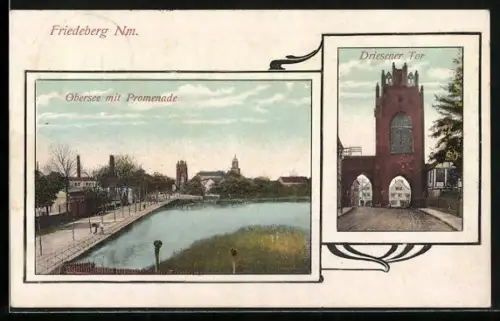 AK Friedeberg /Nm., Obersee mit Promenade, Driesener Tor