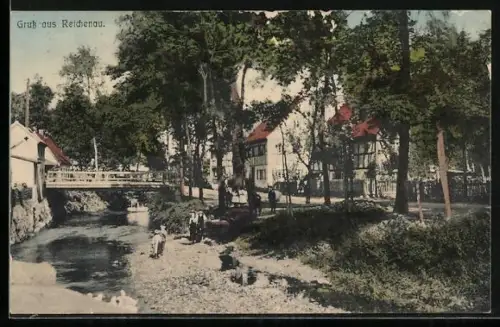 AK Reichenau, Ortspartie mit Brücke