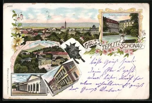 Lithographie Teplitz-Schönau, Curgarten und Herrenhaus, Teilansicht, Schlossberg, Stadtbad