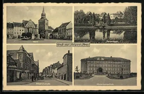 AK Belgard, Blick auf Markt, Parkanlagen, Hindenburgschule und Friedrichstrasse