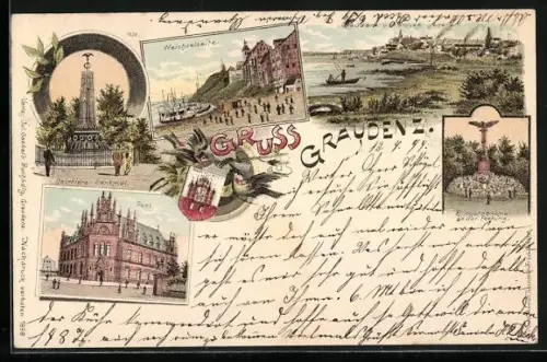 Lithographie Graudenz, Courbiére Denkmal, Kriegerdenkmal an der Festung, Post, Wappen