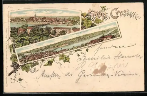 Lithographie Crossen, Panorama der Weinberge, Panorama der Stadtseite