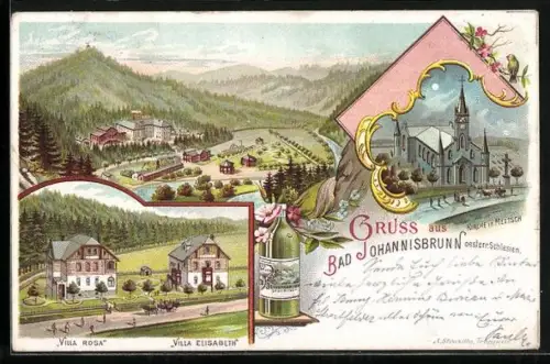 Lithographie Bad Johannisbrunn /oesterr. Schlesien, Kirche in Meltsch, Villa Rosa, Villa Elisabeth
