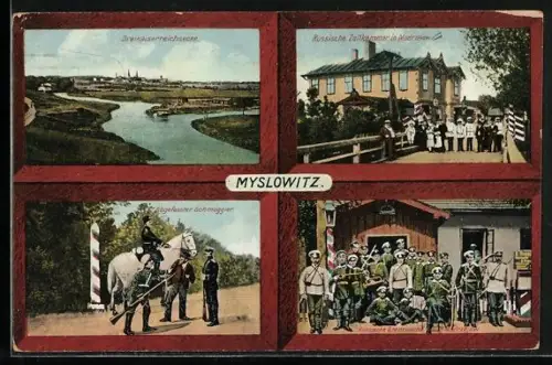 AK Myslowitz, Russische Zollkammer, Russische Grenzwache, Dreikaiserreichsecke
