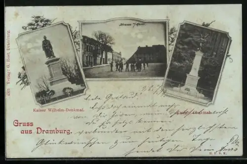 Mondschein-AK Dramburg, Kaiser Wilhelm-Denkmal, Strasse am Markt, Krieger-Denkmal