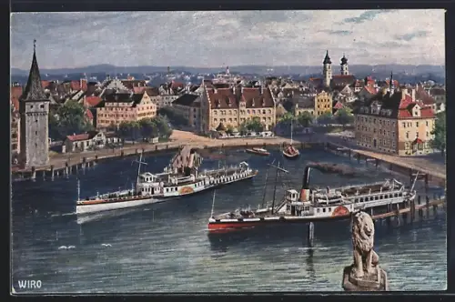 Künstler-AK Lindau i. B., Hafen, Mangturm, Dampfschiffe