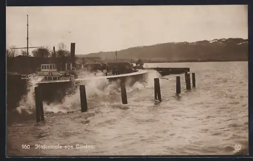 AK Lindau / Bodensee, Hafenmole bei Sturm