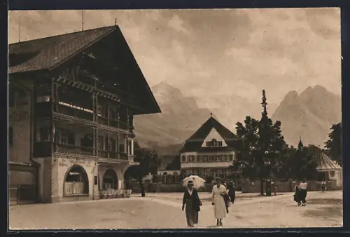 AK Garmisch, Marktplatz, Cafe-Restaurant Buchwieser, Alp- und Zugspitze