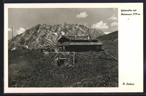 AK Gotzenalm, Berghütte mit Watzmann