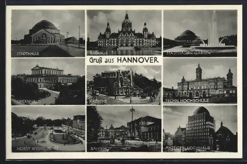 AK Hannover, Rathaus, Stadthalle, Bahnhof, Technische Hochschule, Opernhaus, Anzeiger-Hochhaus
