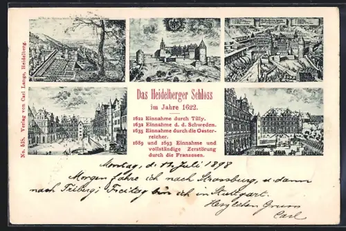 Künstler-AK Heidelberg, Heidelberger Schloss 1622, Ansichten und historische Ereignisse
