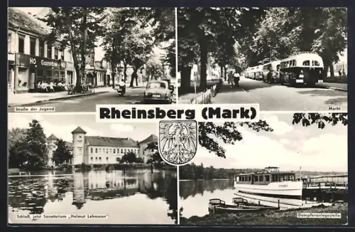 AK Rheinsberg /Mark, Strasse der Jugend, Sanatorium Helmut Lehmann, Dampferanlegestelle