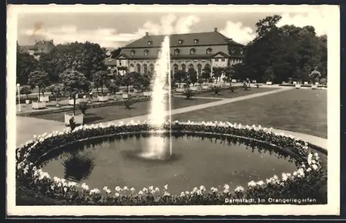 AK Darmstadt, Orangeriegarten mit Springbrunnen und Orangerie