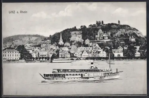 AK Linz a. Rhein, Stadtansicht, Kirche, Rhein mit Dampfschiff