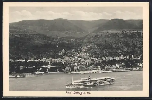 AK Bad Salzig a. Rh., Ortsansicht mit Dampfschiff