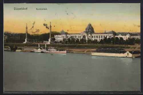 AK Düsseldorf, Kunstpalast, Rheinufer, Dampfschiffe