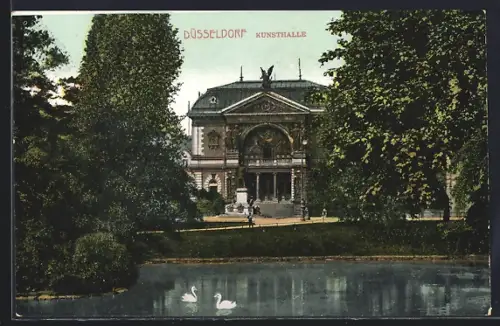 AK Düsseldorf, Kunsthalle, Park, Teich mit Schwänen
